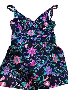 Jantzen Black Floral One-Piece Swim Dress with Pink & Purple Flowers